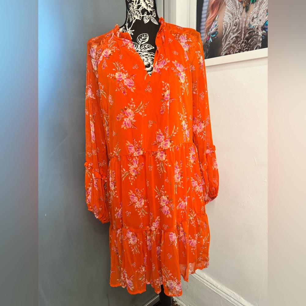 Vince Camuto Orange Floral Long Sleeve Dress